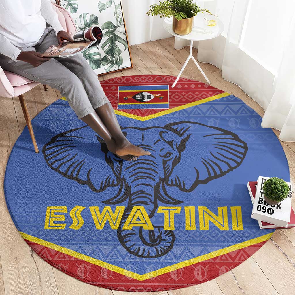 Elephant Eswatini Round Carpet Swaziland Shield Tribal Pattern and National Flag