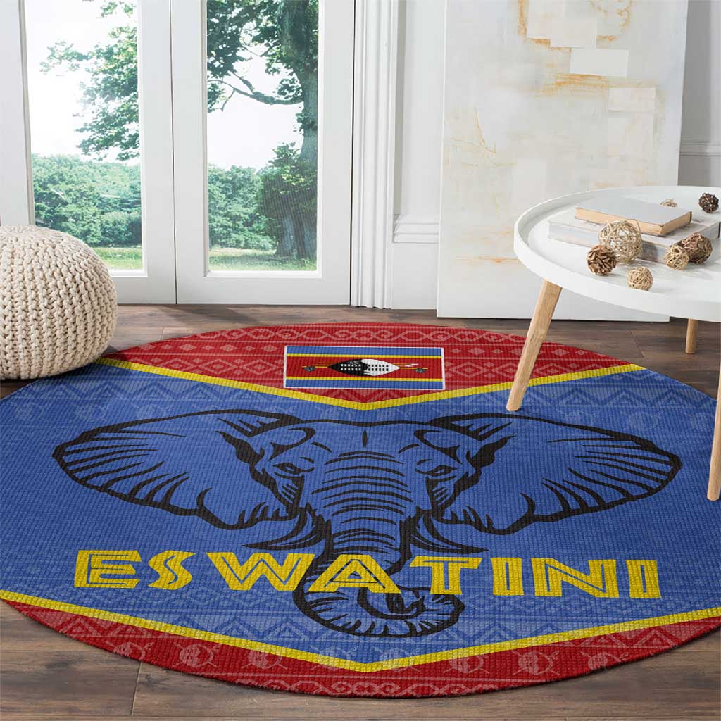Elephant Eswatini Round Carpet Swaziland Shield Tribal Pattern and National Flag