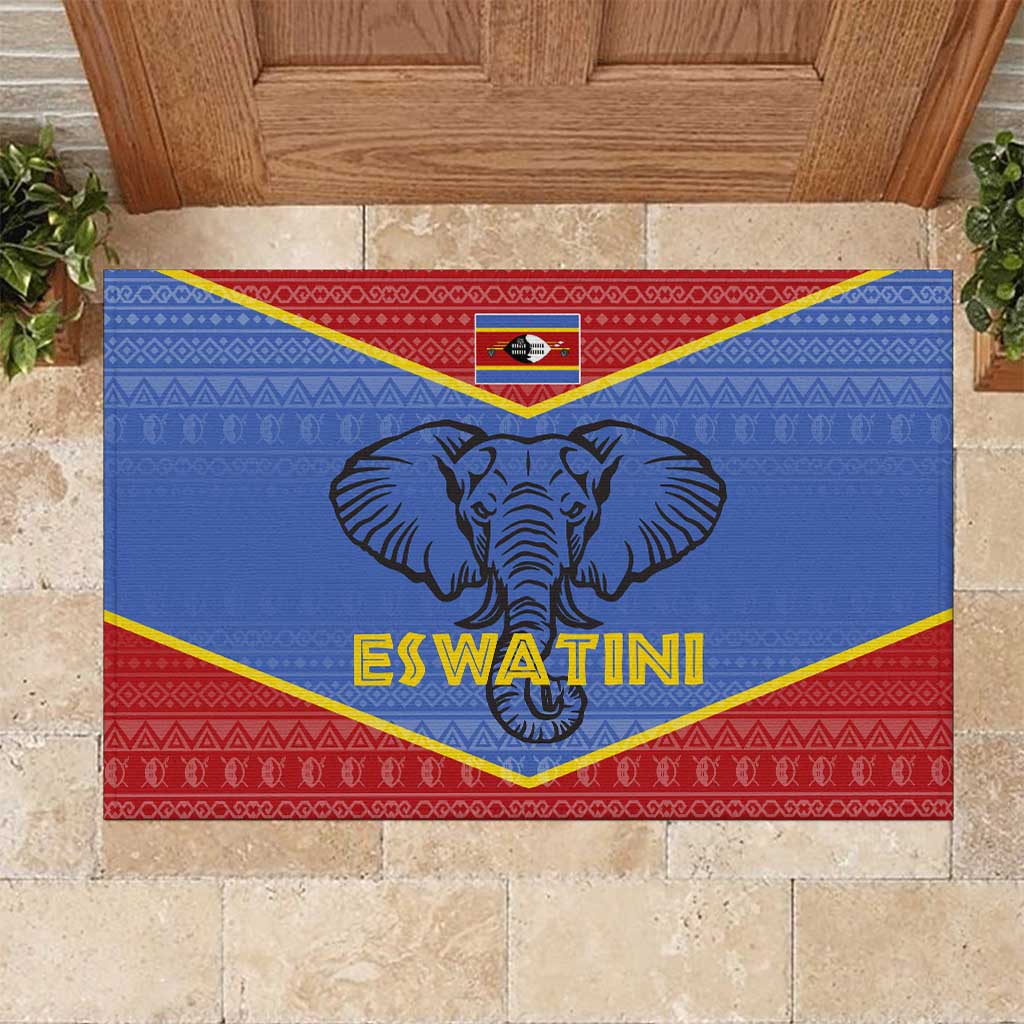 Elephant Eswatini Rubber Doormat Swaziland Shield Tribal Pattern and National Flag