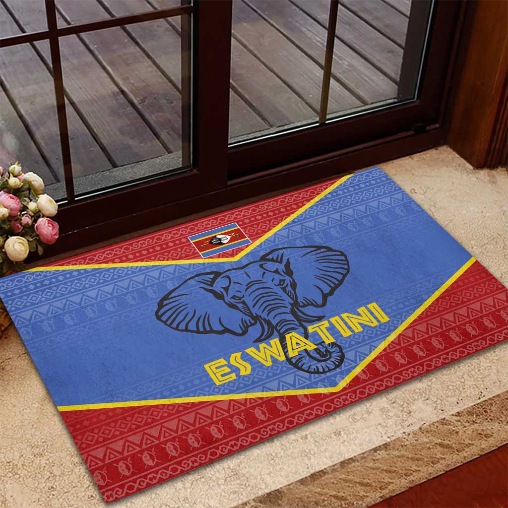 Elephant Eswatini Rubber Doormat Swaziland Shield Tribal Pattern and National Flag