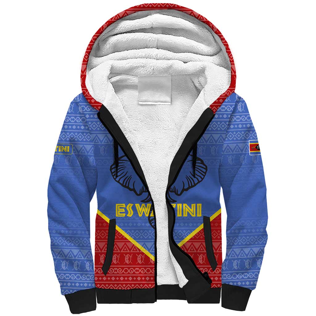Elephant Eswatini Sherpa Hoodie Swaziland Shield Tribal Pattern and National Flag