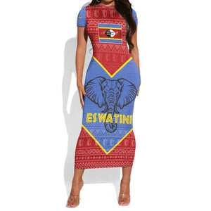 Elephant Eswatini Short Sleeve Bodycon Dress Swaziland Shield Tribal Pattern and National Flag