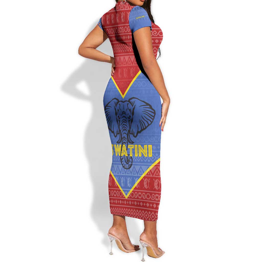 Elephant Eswatini Short Sleeve Bodycon Dress Swaziland Shield Tribal Pattern and National Flag