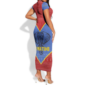 Elephant Eswatini Short Sleeve Bodycon Dress Swaziland Shield Tribal Pattern and National Flag