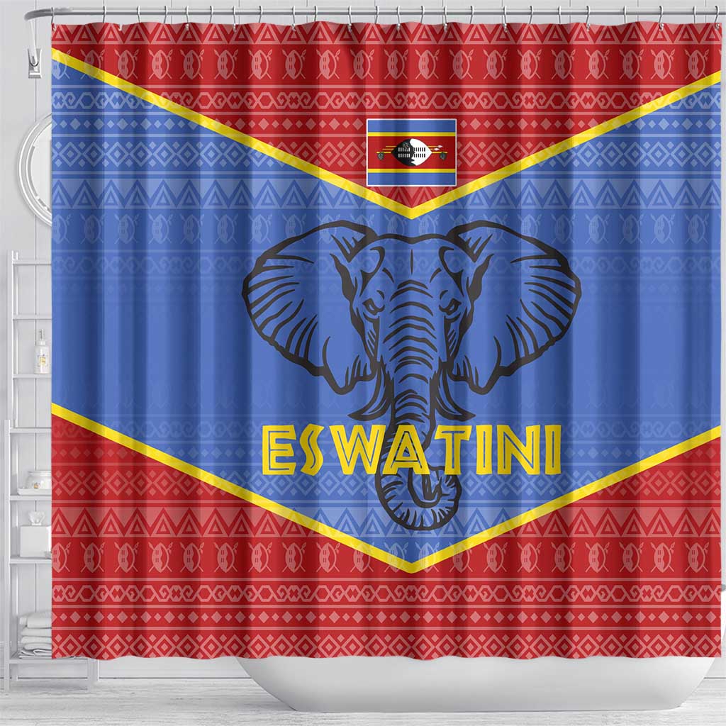 Elephant Eswatini Shower Curtain Swaziland Shield Tribal Pattern and National Flag