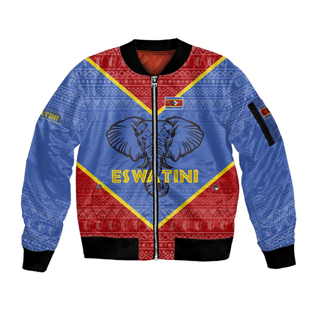 Elephant Eswatini Sleeve Zip Bomber Jacket Swaziland Shield Tribal Pattern and National Flag