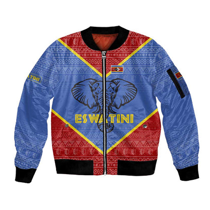 Elephant Eswatini Sleeve Zip Bomber Jacket Swaziland Shield Tribal Pattern and National Flag