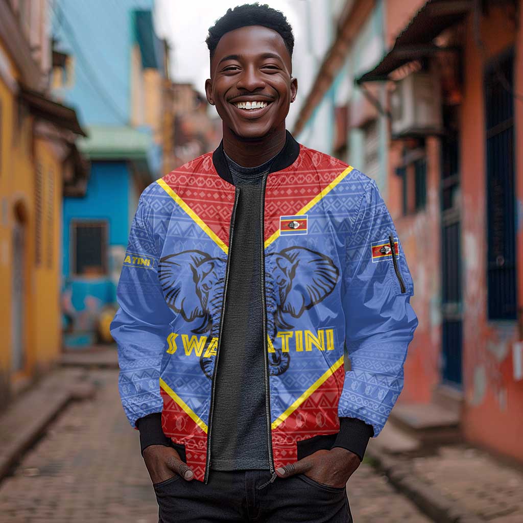 Elephant Eswatini Sleeve Zip Bomber Jacket Swaziland Shield Tribal Pattern and National Flag
