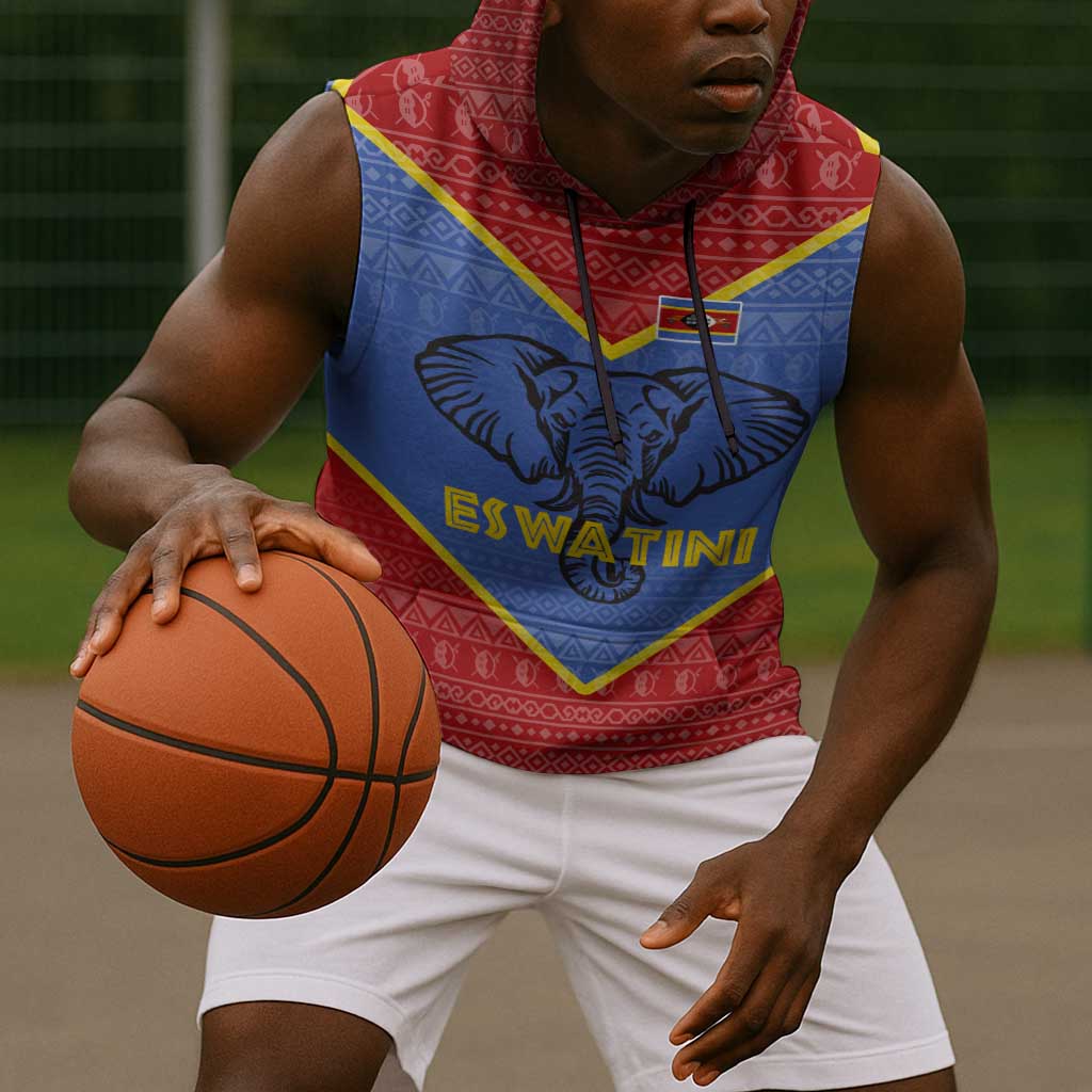 Elephant Eswatini Sleeveless Hoodie Swaziland Shield Tribal Pattern and National Flag - African Pride