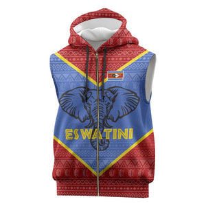 Elephant Eswatini Sleeveless Zip Hoodie Swaziland Shield Tribal Pattern and National Flag - African Pride