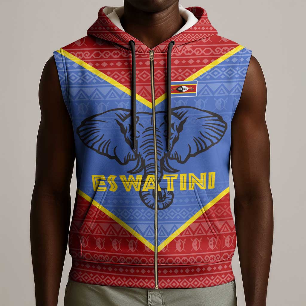 Elephant Eswatini Sleeveless Zip Hoodie Swaziland Shield Tribal Pattern and National Flag - African Pride