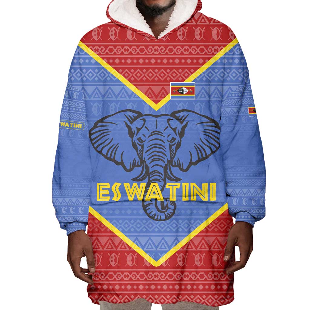 Elephant Eswatini Wearable Blanket Hoodie Swaziland Shield Tribal Pattern and National Flag