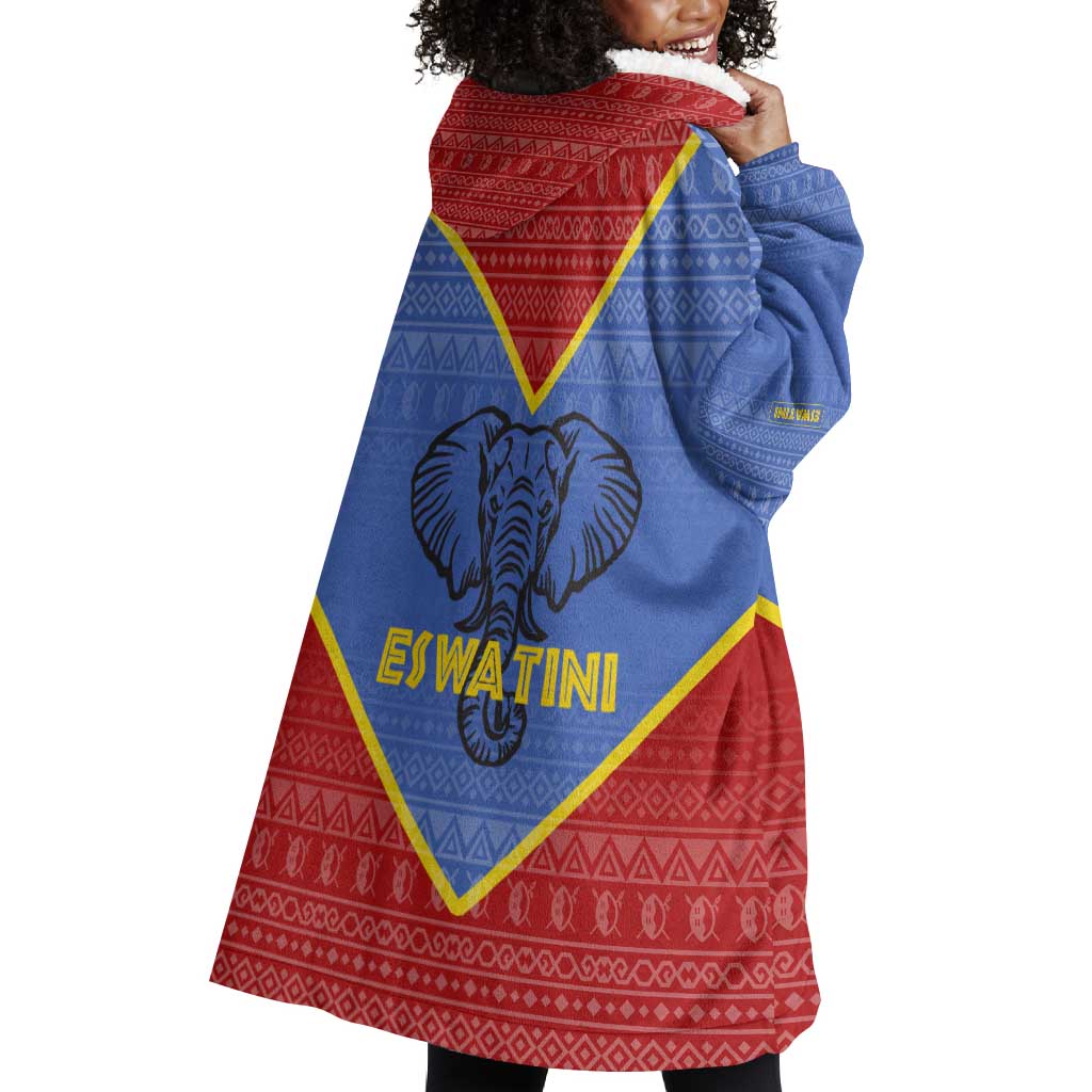 Elephant Eswatini Wearable Blanket Hoodie Swaziland Shield Tribal Pattern and National Flag