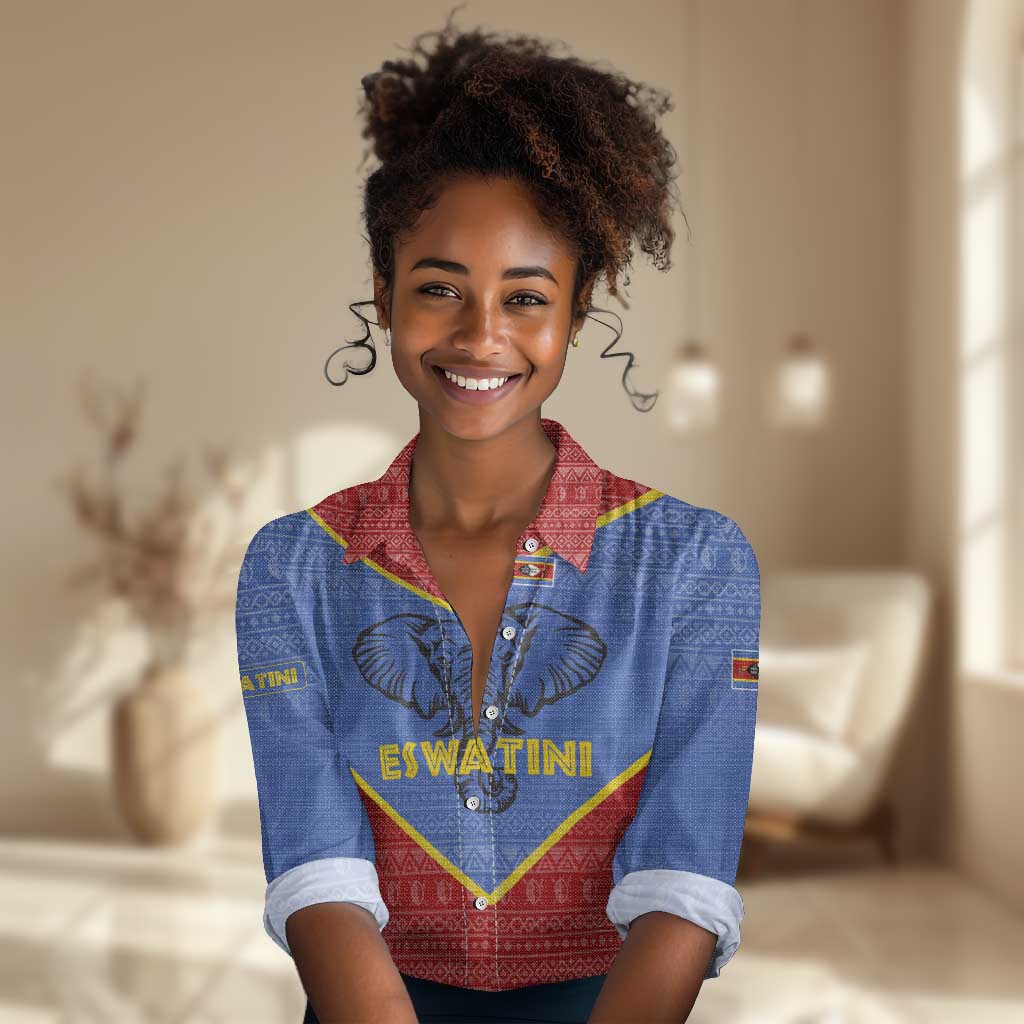 Elephant Eswatini Women Casual Shirt Swaziland Shield Tribal Pattern and National Flag