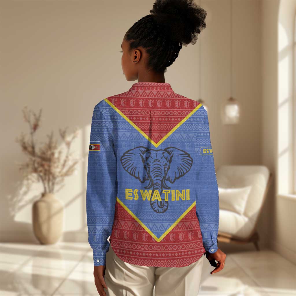 Elephant Eswatini Women Casual Shirt Swaziland Shield Tribal Pattern and National Flag