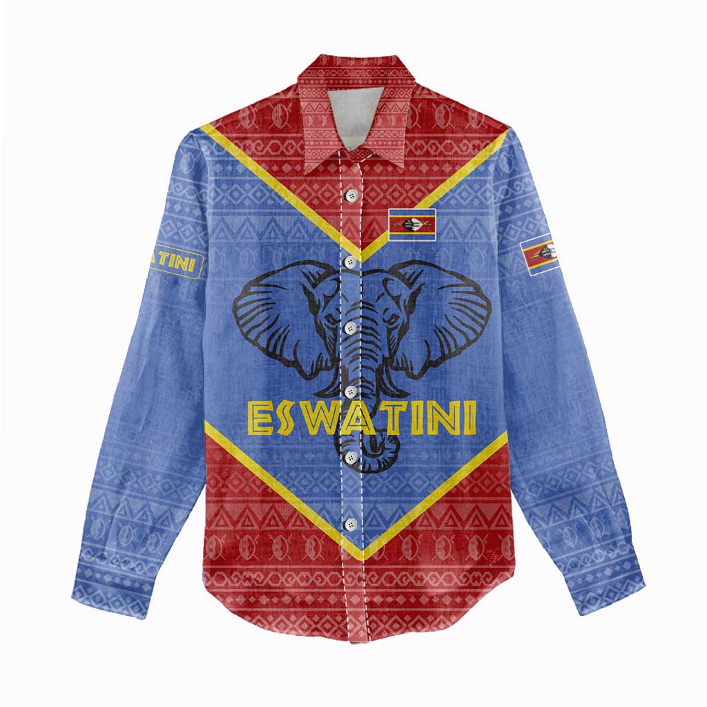 Elephant Eswatini Women Casual Shirt Swaziland Shield Tribal Pattern and National Flag