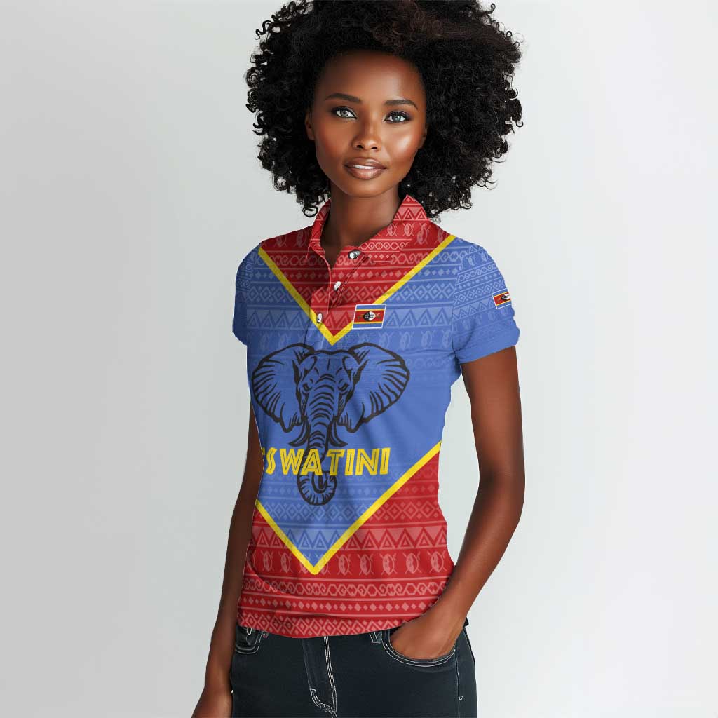 Elephant Eswatini Women Polo Shirt Swaziland Shield Tribal Pattern and National Flag