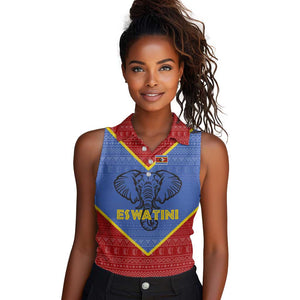 Elephant Eswatini Women Sleeveless Polo Shirt Swaziland Shield Tribal Pattern and National Flag