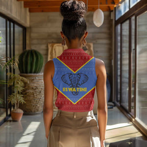 Elephant Eswatini Women Sleeveless Polo Shirt Swaziland Shield Tribal Pattern and National Flag