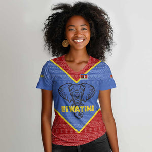 Elephant Eswatini Women V-Neck T-Shirt Swaziland Shield Tribal Pattern and National Flag
