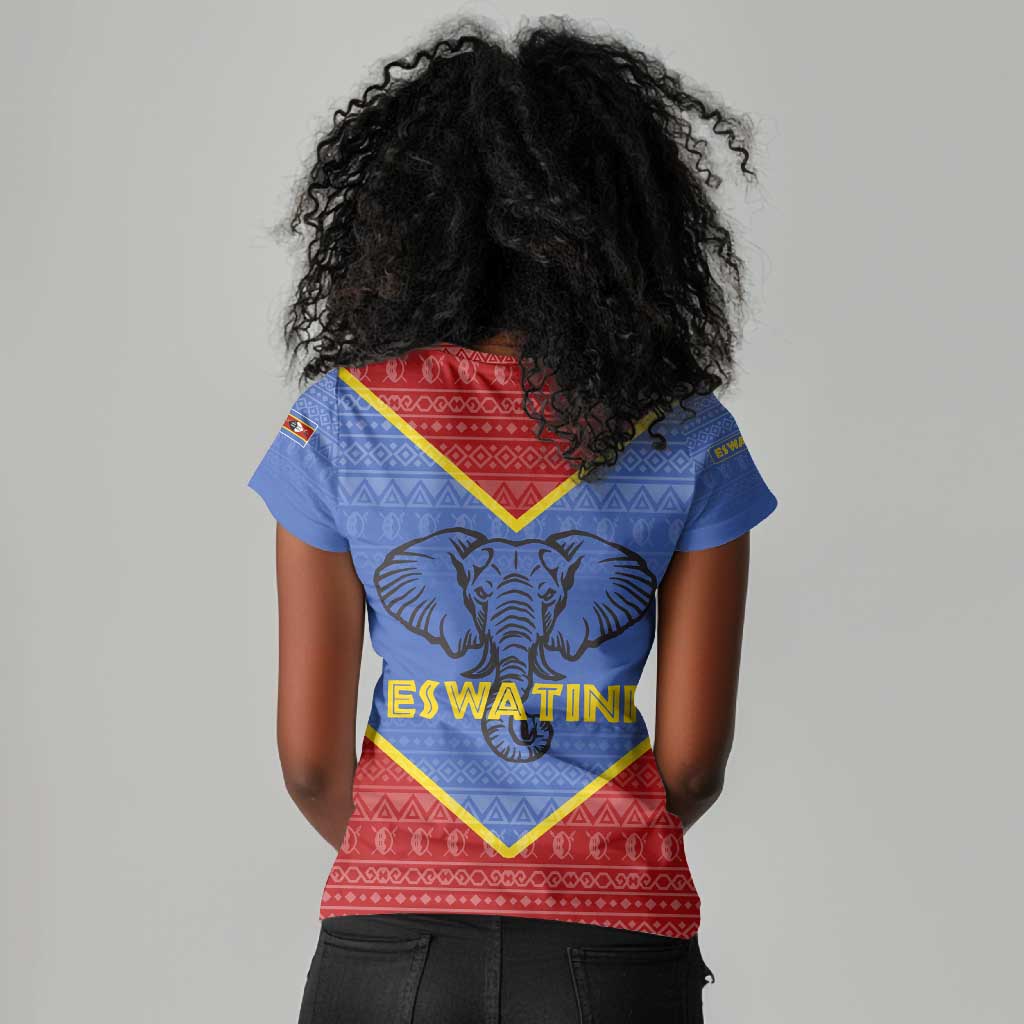 Elephant Eswatini Women V-Neck T-Shirt Swaziland Shield Tribal Pattern and National Flag