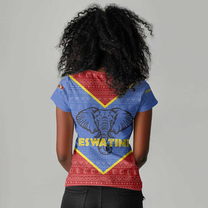 Elephant Eswatini Women V-Neck T-Shirt Swaziland Shield Tribal Pattern and National Flag