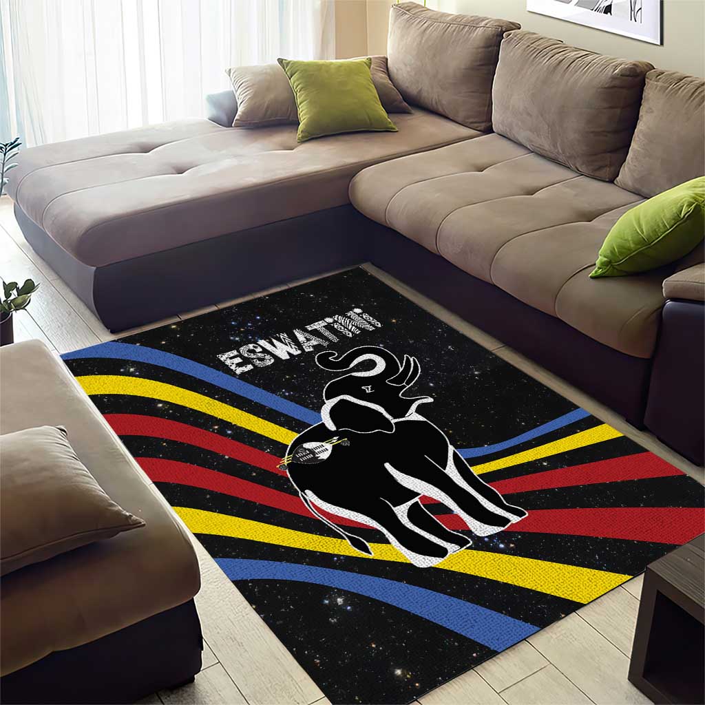 Eswatini Elephant Area Rug Swazi Flag Colors and Cosmic Background