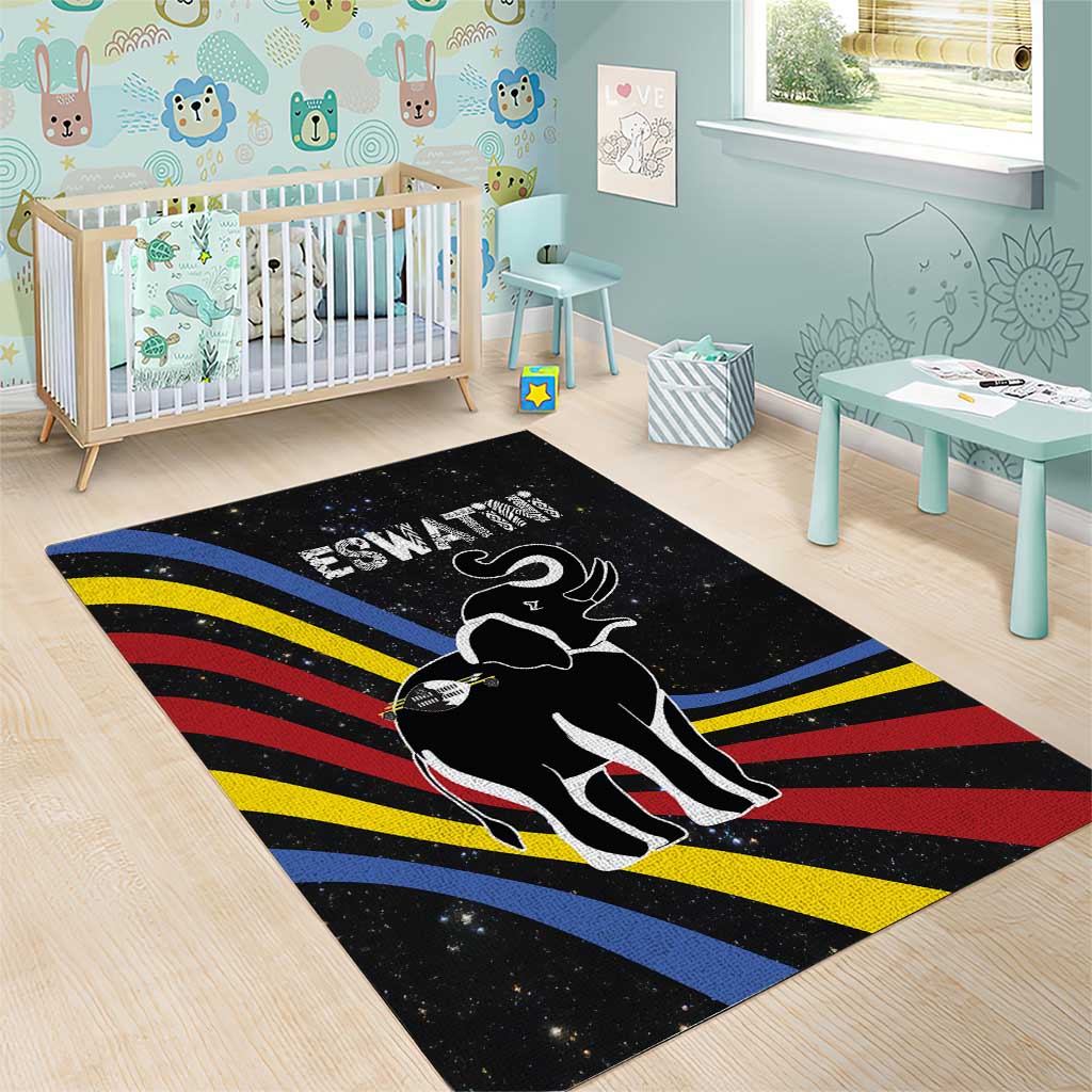 Eswatini Elephant Area Rug Swazi Flag Colors and Cosmic Background