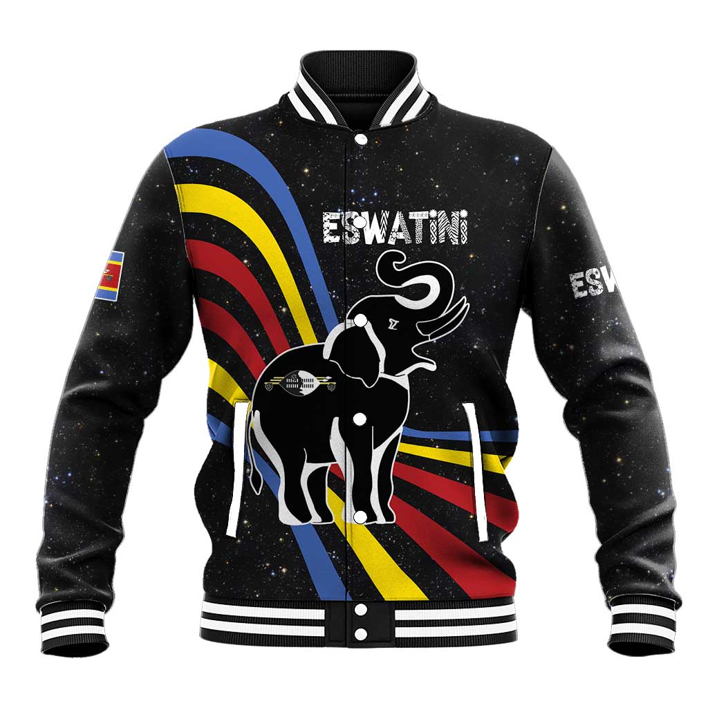 Eswatini Elephant Baseball Jacket Swazi Flag Colors and Cosmic Background