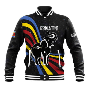 Eswatini Elephant Baseball Jacket Swazi Flag Colors and Cosmic Background