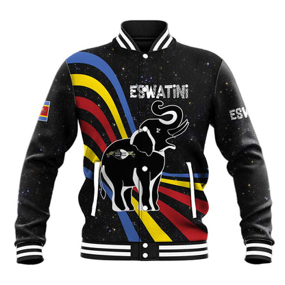 Eswatini Elephant Baseball Jacket Swazi Flag Colors and Cosmic Background