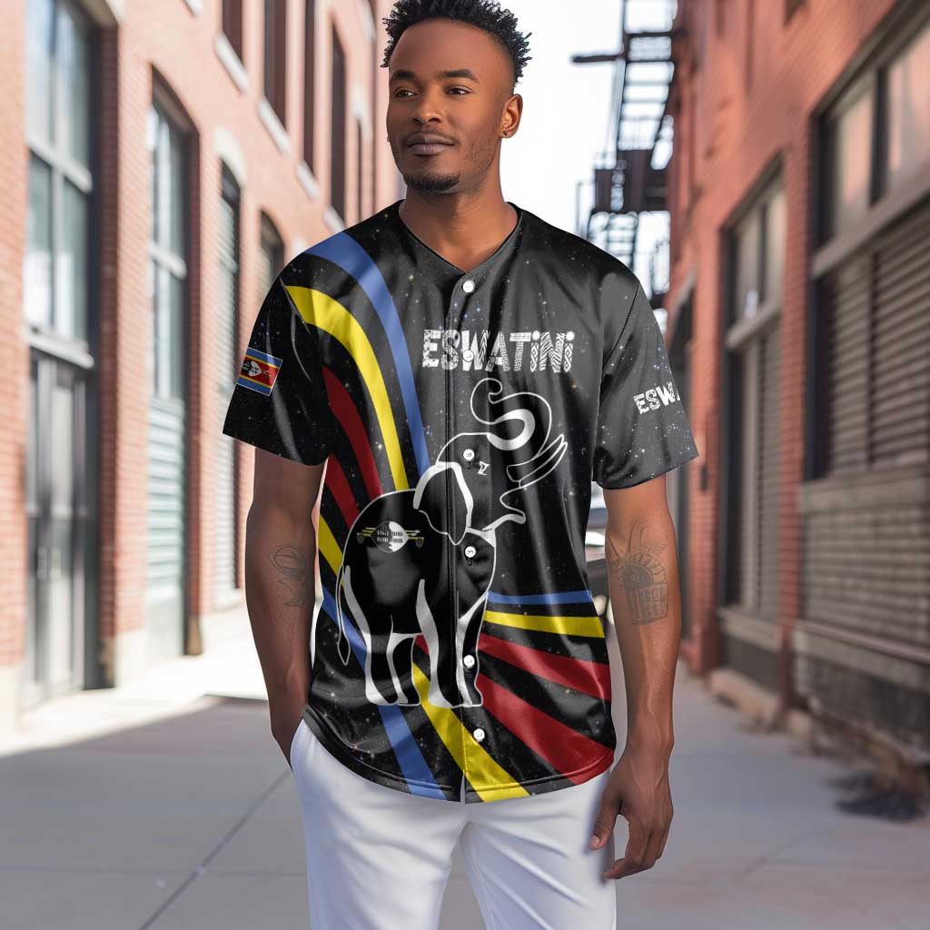 Eswatini Elephant Baseball Jersey Swazi Flag Colors and Cosmic Background