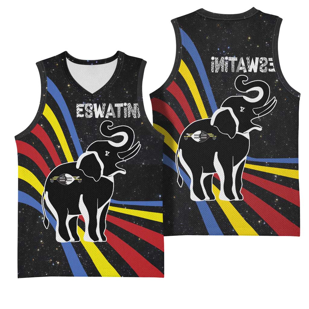 Eswatini Elephant Basketball Jersey Swazi Flag Colors and Cosmic Background - African Pride