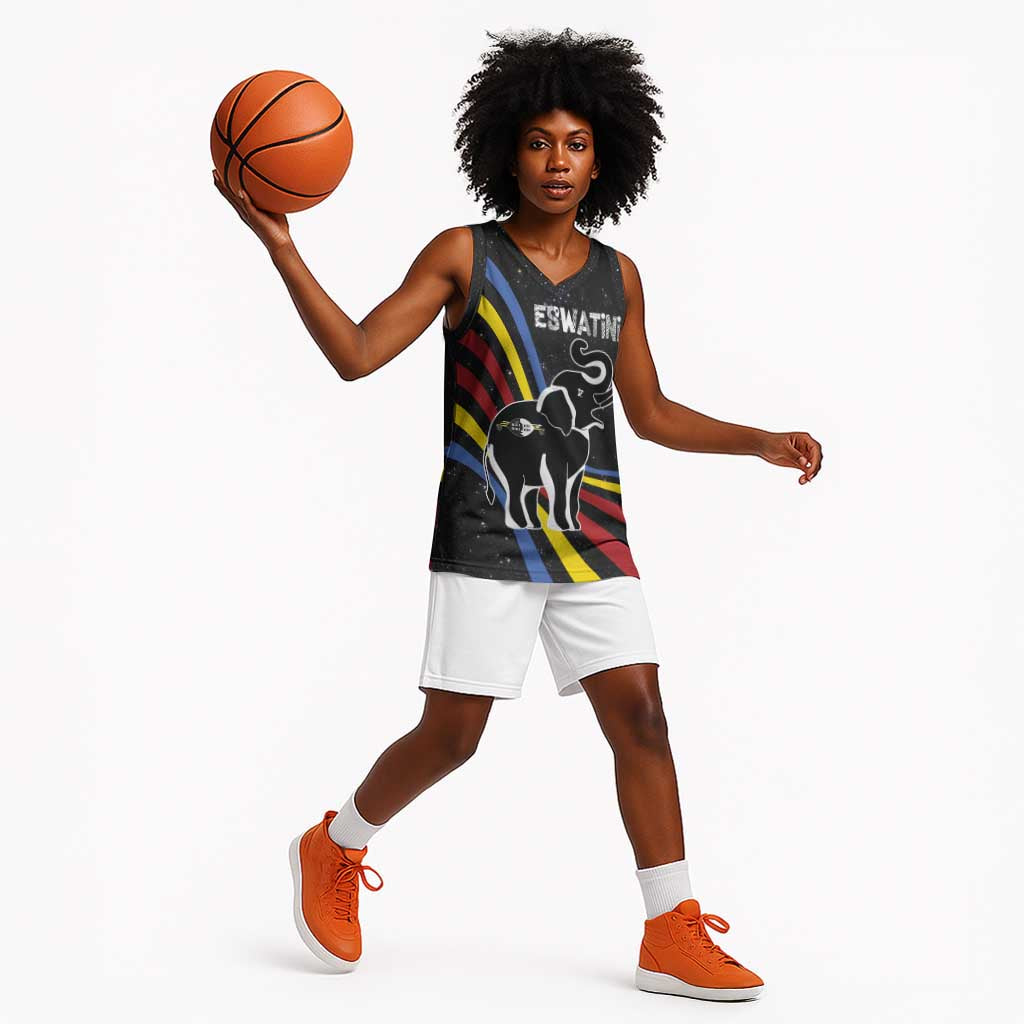 Eswatini Elephant Basketball Jersey Swazi Flag Colors and Cosmic Background - African Pride