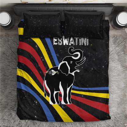Eswatini Elephant Bedding Set Swazi Flag Colors and Cosmic Background
