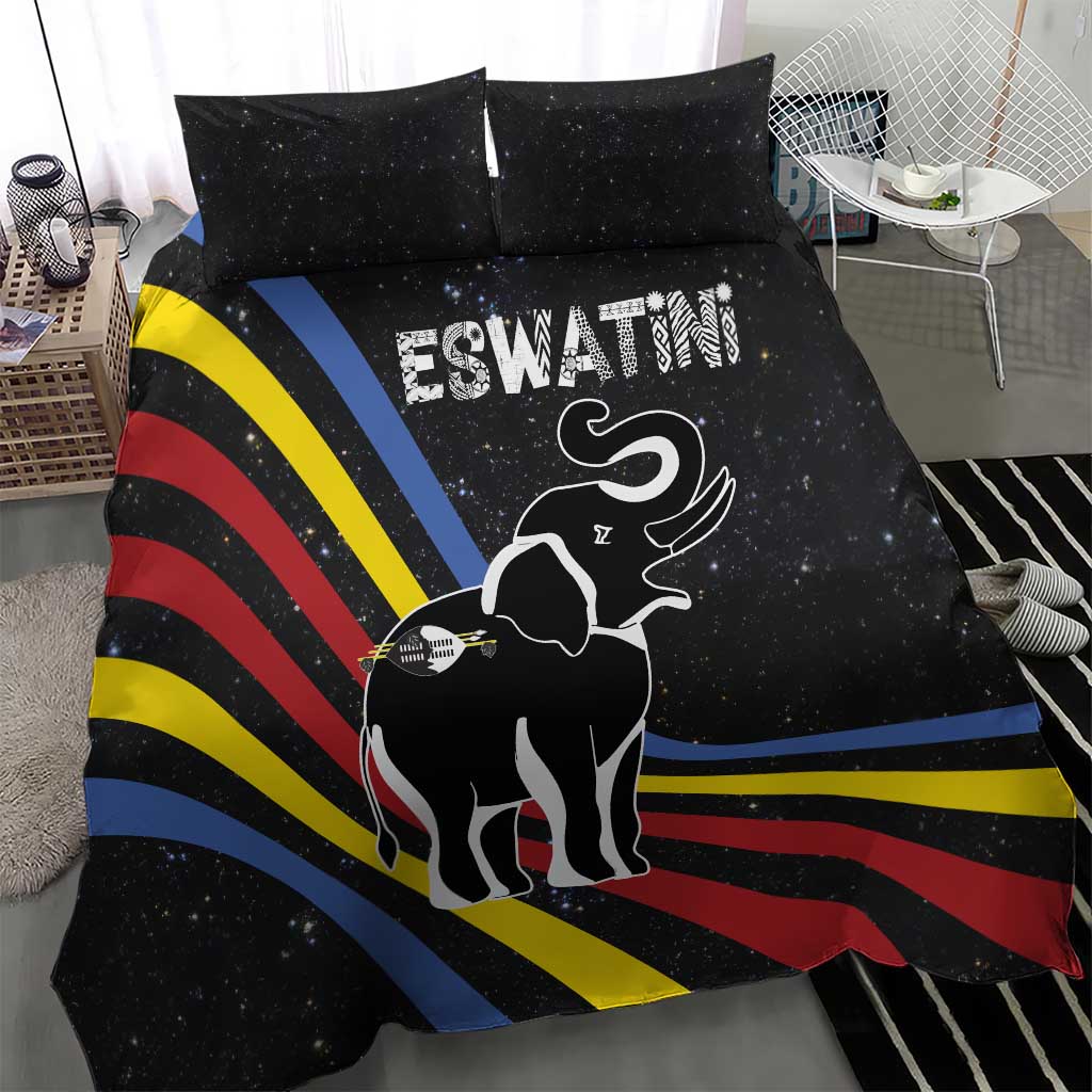 Eswatini Elephant Bedding Set Swazi Flag Colors and Cosmic Background