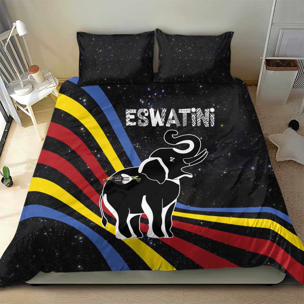 Eswatini Elephant Bedding Set Swazi Flag Colors and Cosmic Background