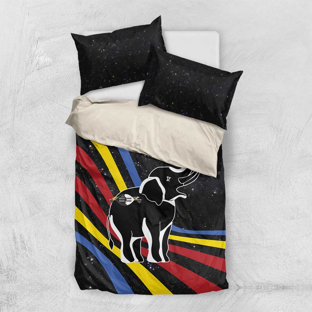 Eswatini Elephant Bedding Set Swazi Flag Colors and Cosmic Background