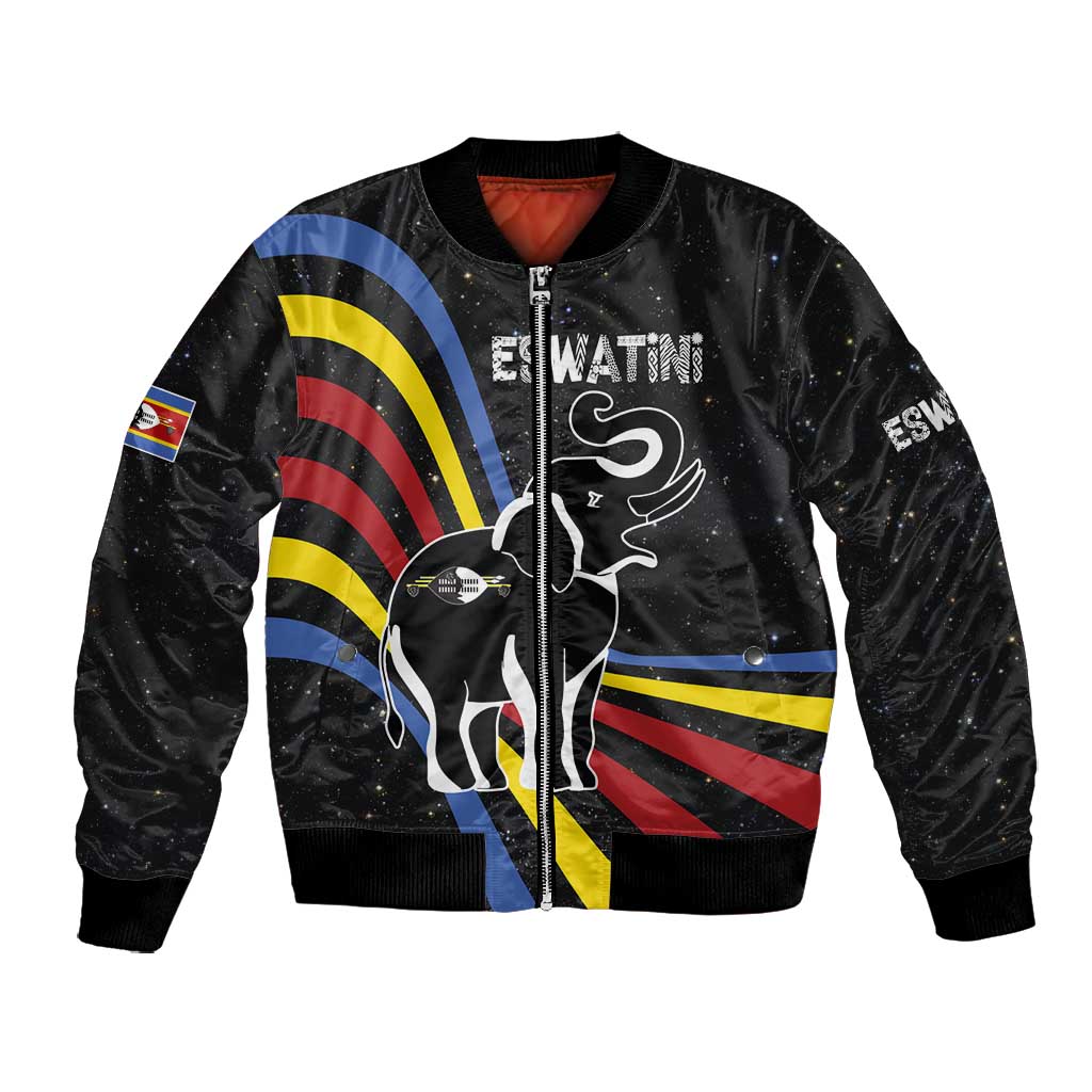Eswatini Elephant Bomber Jacket Swazi Flag Colors and Cosmic Background