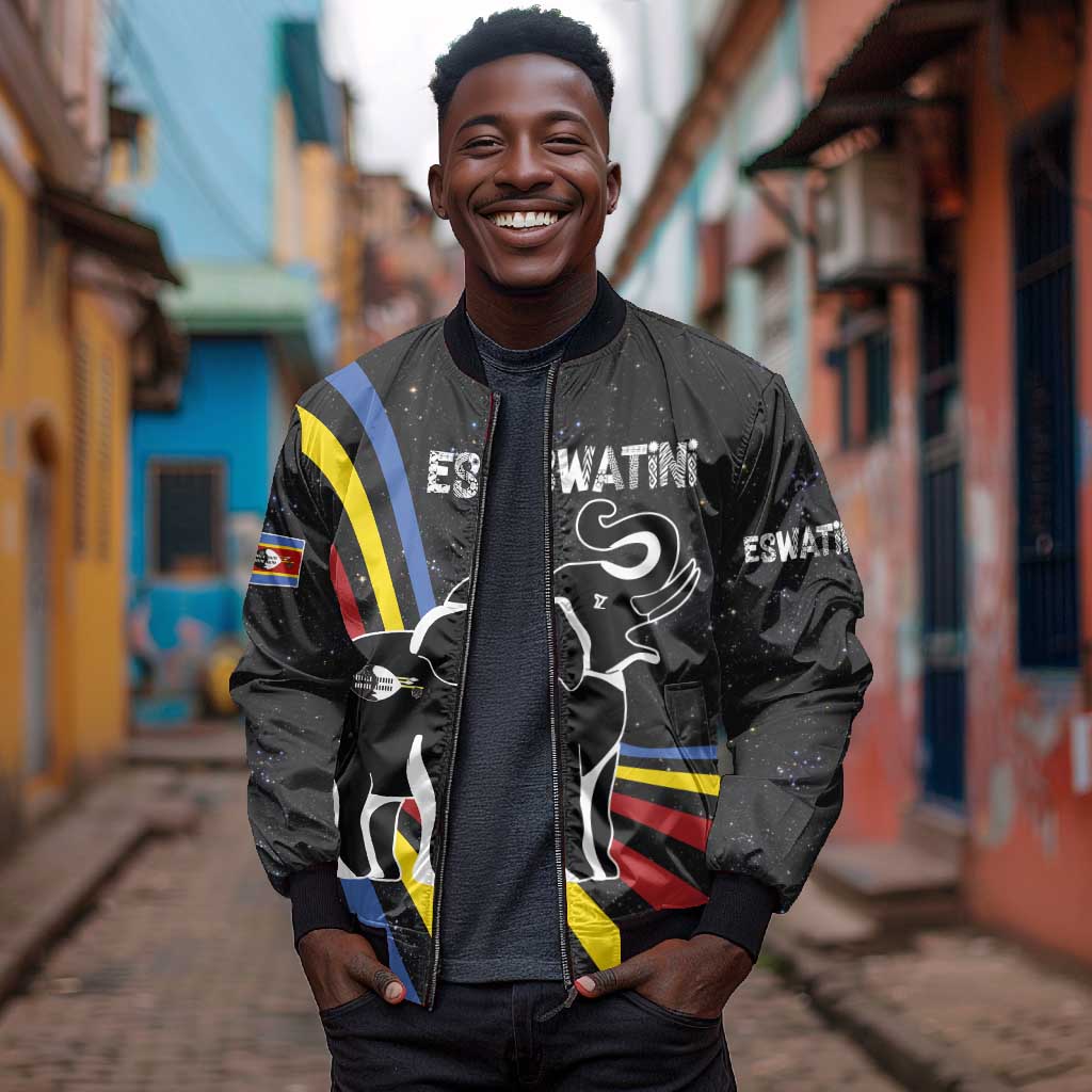 Eswatini Elephant Bomber Jacket Swazi Flag Colors and Cosmic Background