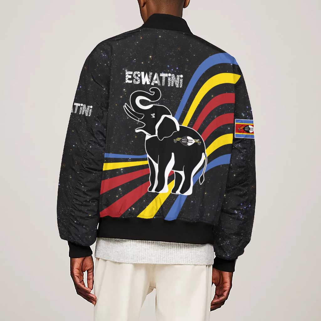 Eswatini Elephant Bomber Jacket Swazi Flag Colors and Cosmic Background