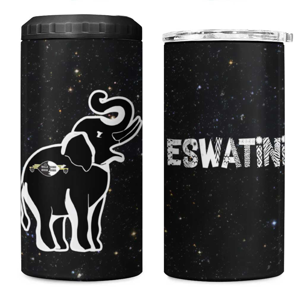 Eswatini Elephant 4 in 1 Can Cooler Tumbler Swazi Flag Colors and Cosmic Background
