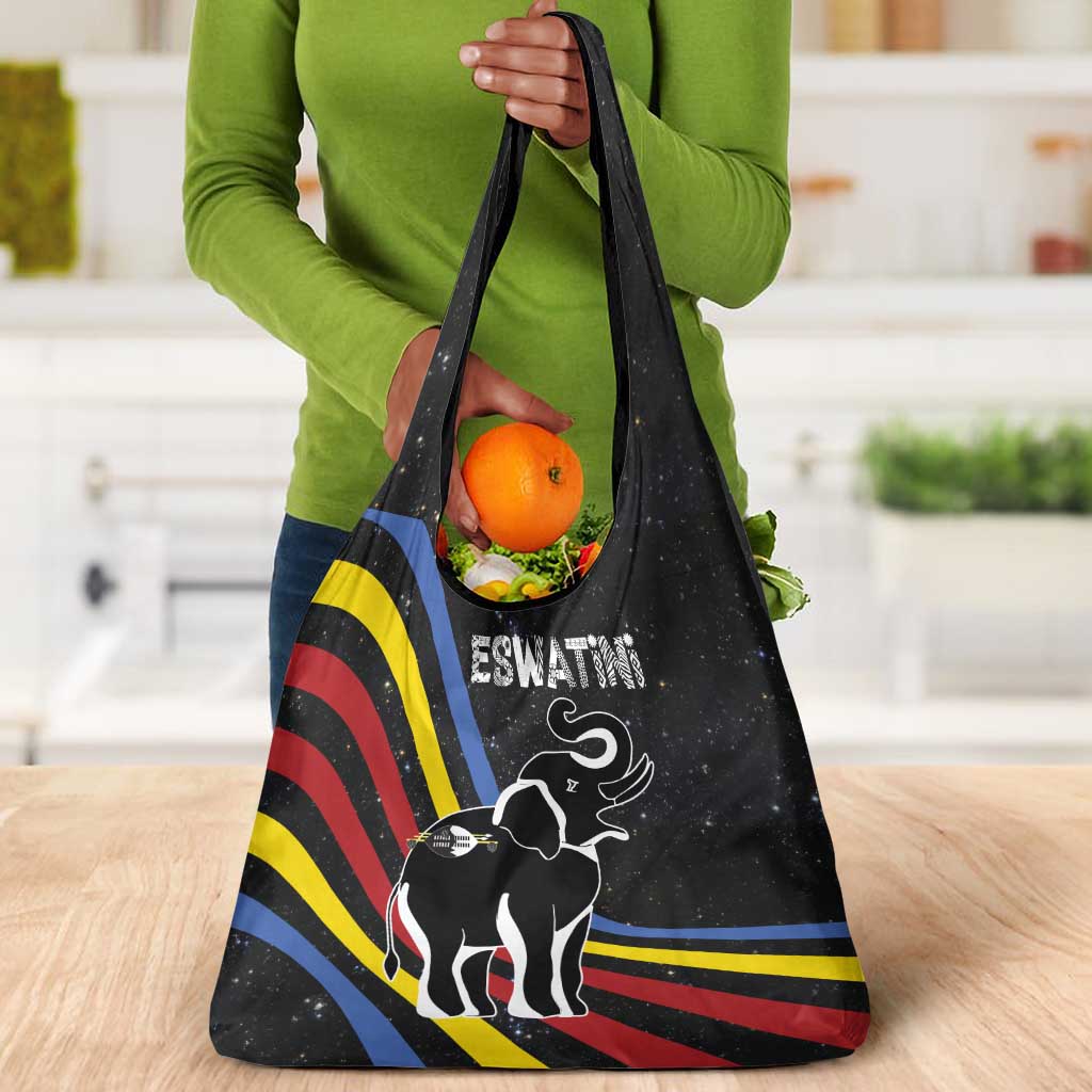 Eswatini Elephant Grocery Bag Swazi Flag Colors and Cosmic Background