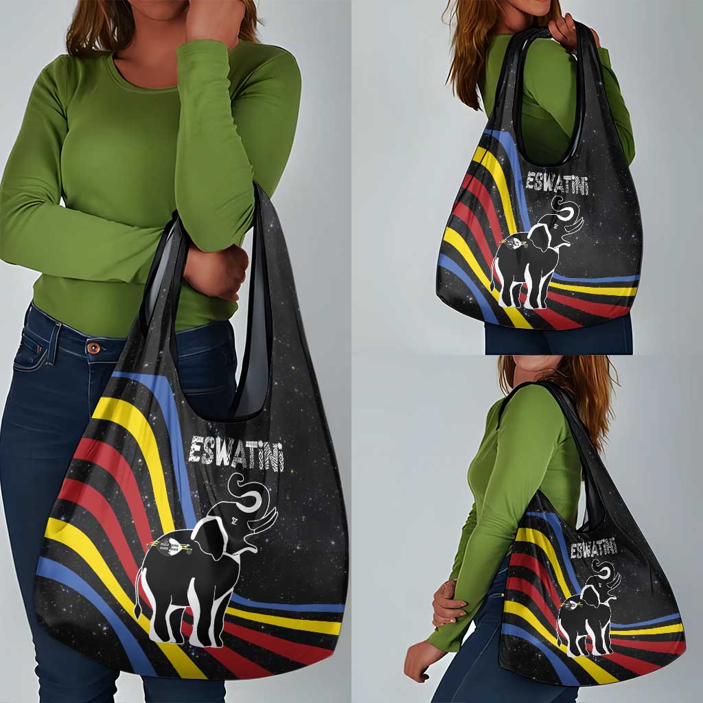 Eswatini Elephant Grocery Bag Swazi Flag Colors and Cosmic Background