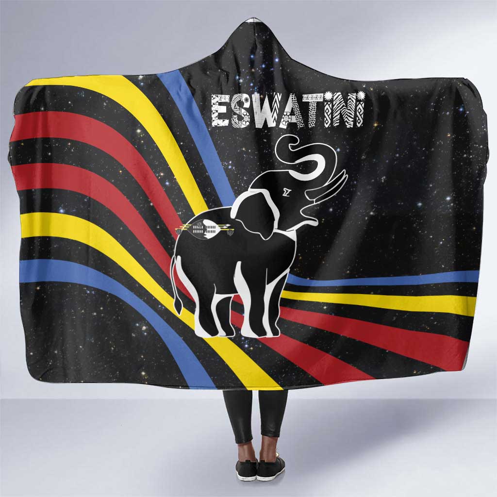 Eswatini Elephant Hooded Blanket Swazi Flag Colors and Cosmic Background