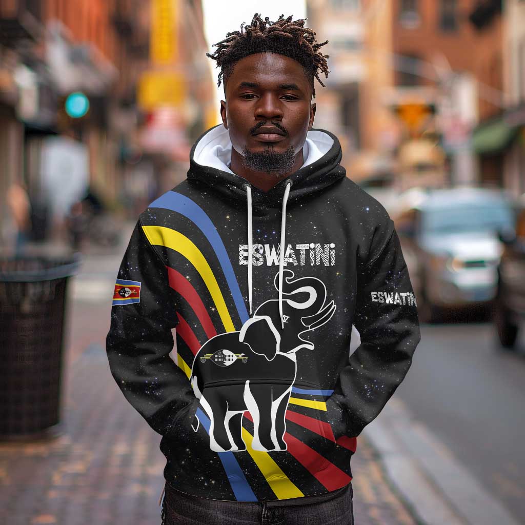 Eswatini Elephant Hoodie Swazi Flag Colors and Cosmic Background