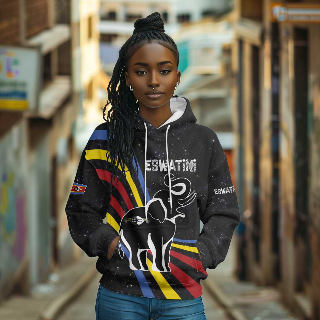 Eswatini Elephant Hoodie Swazi Flag Colors and Cosmic Background