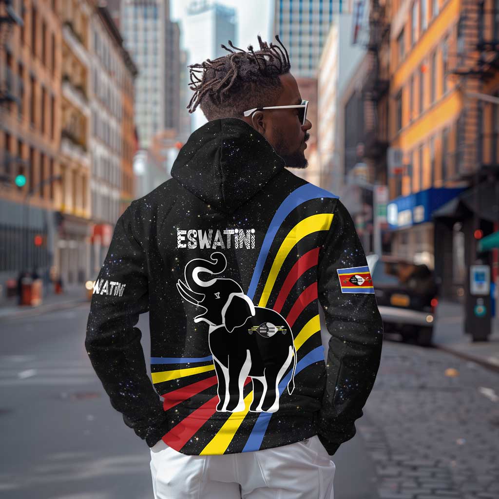 Eswatini Elephant Hoodie Swazi Flag Colors and Cosmic Background