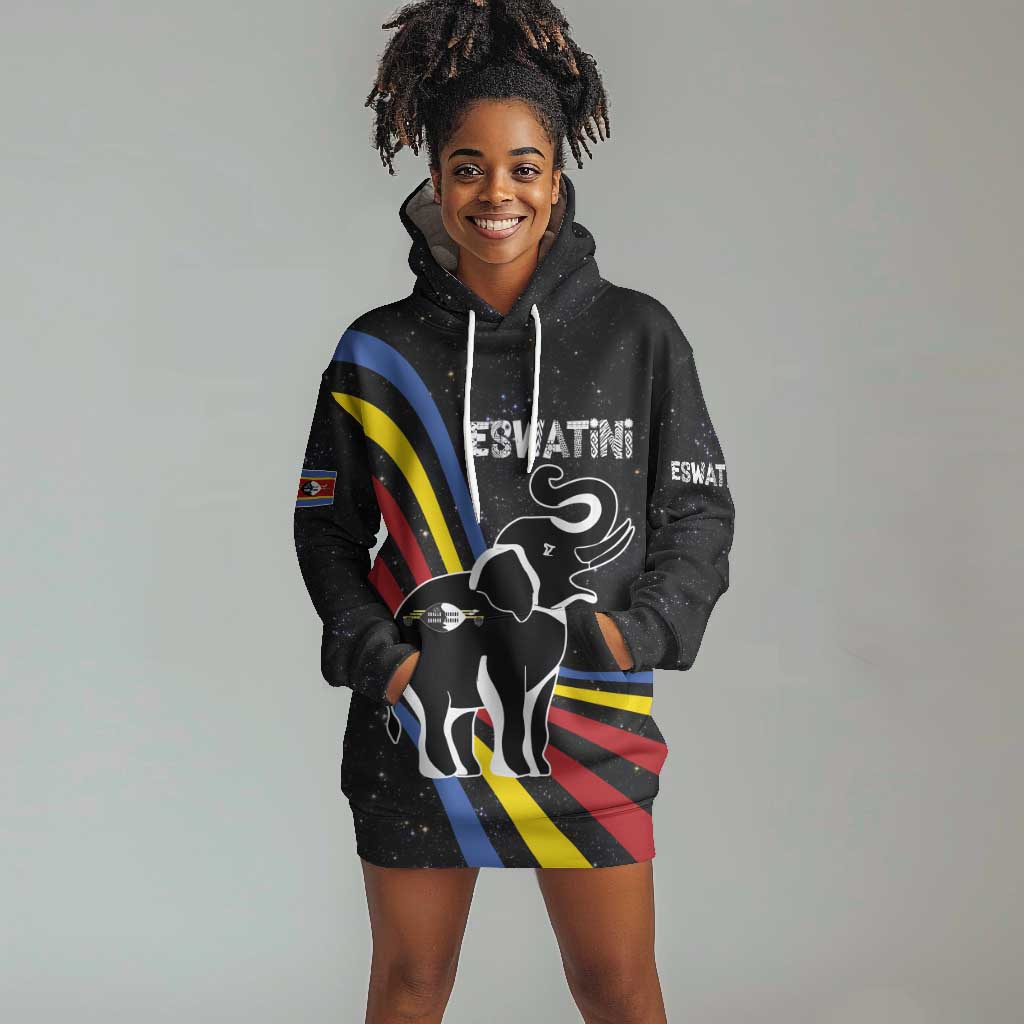Eswatini Elephant Hoodie Dress Swazi Flag Colors and Cosmic Background
