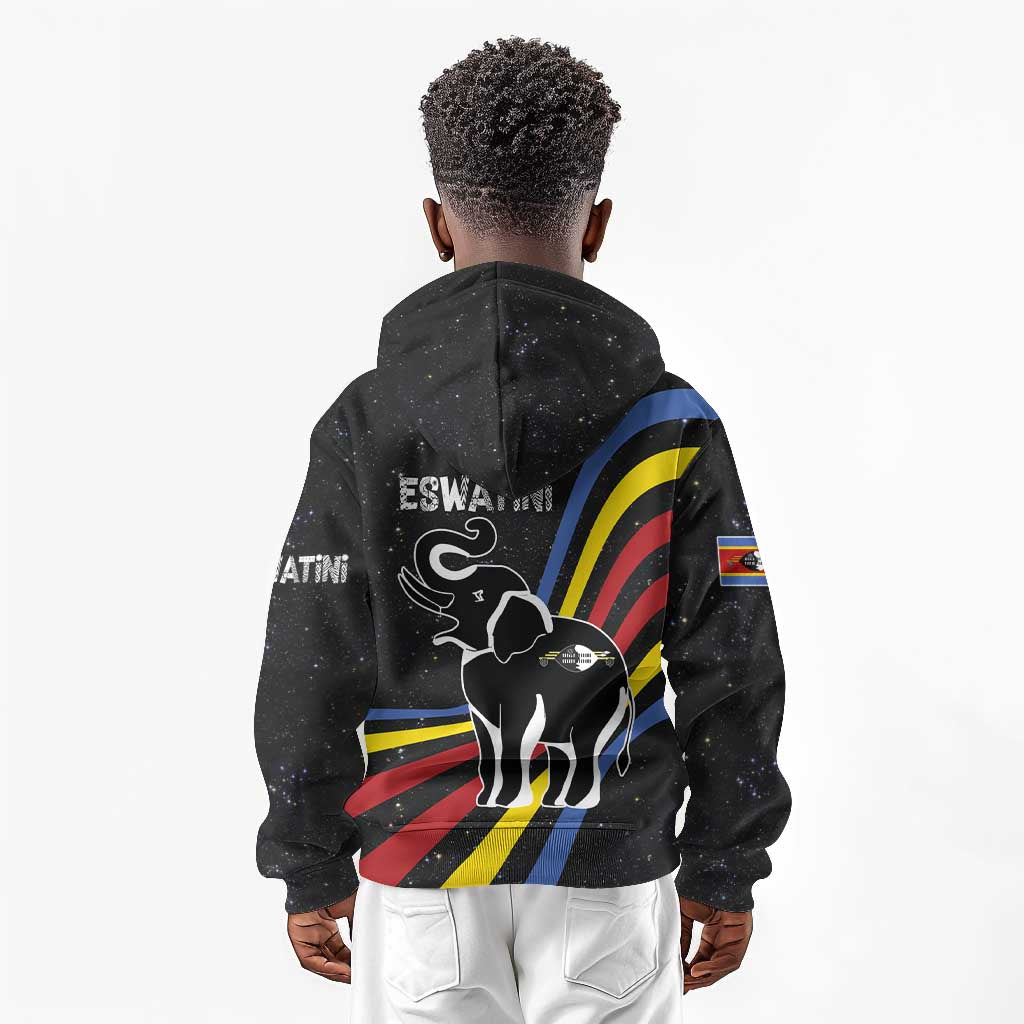 Eswatini Elephant Kid Hoodie Swazi Flag Colors and Cosmic Background